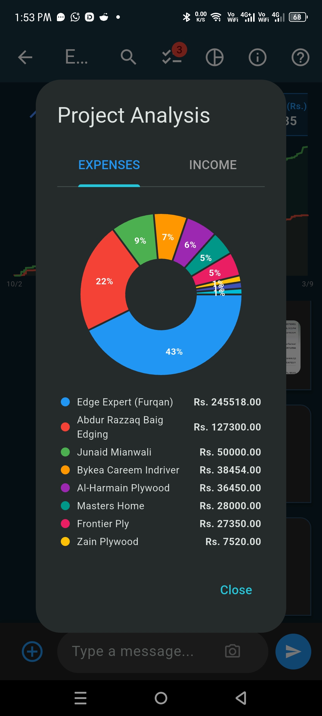 CostTalk analysis screen on Android showing spending charts