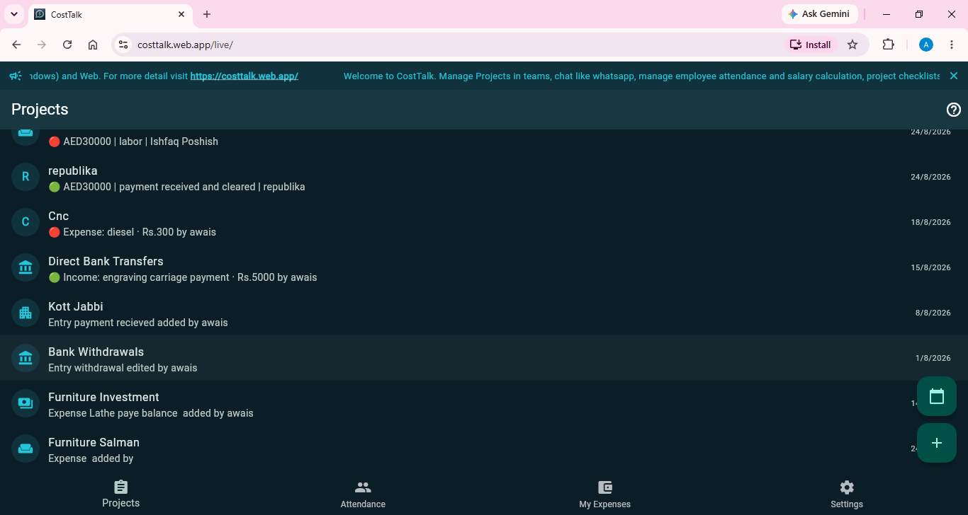 CostTalk projects list in the web app
